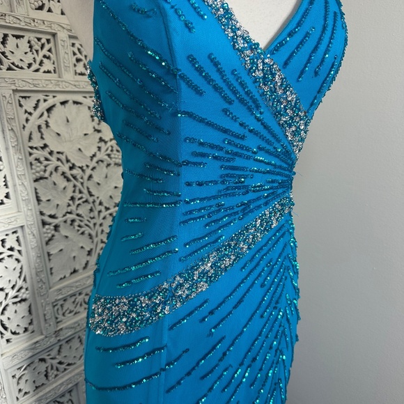 Cecily Brown Sequin Beaded Fairycore Blue Strapless V Neck Formal Prom Dress - Picture 3 of 13